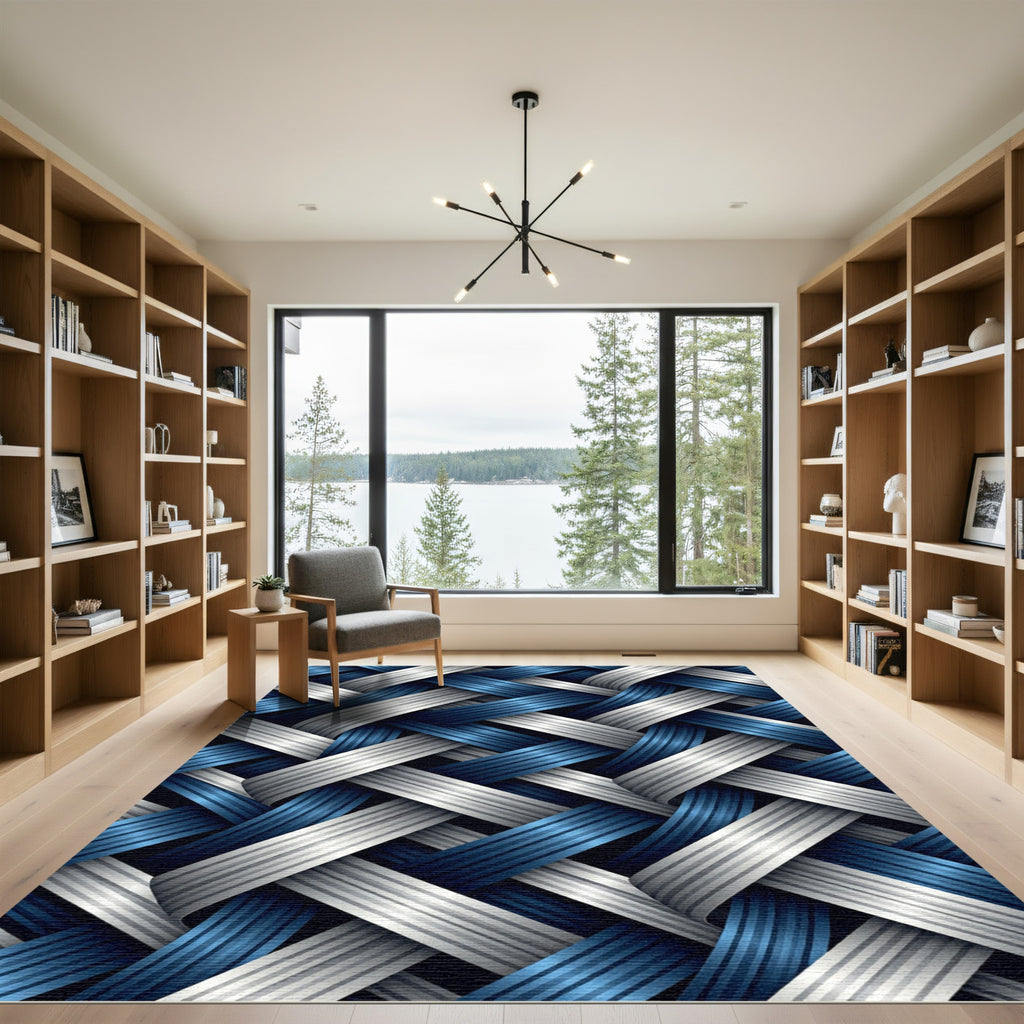 Modern Interwoven Navy and Silver Geometric Rug