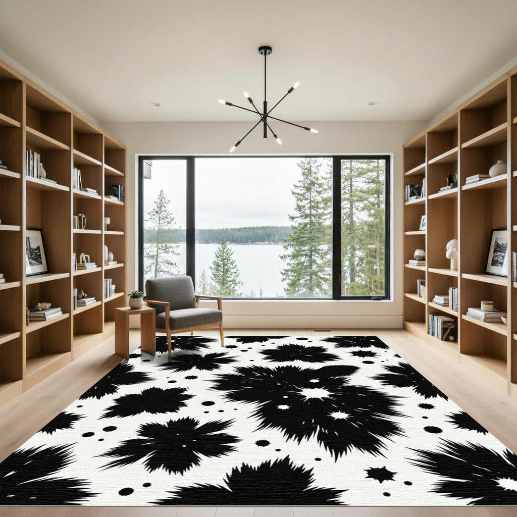 Monochrome Abstract Ink Splatter Floral Rug