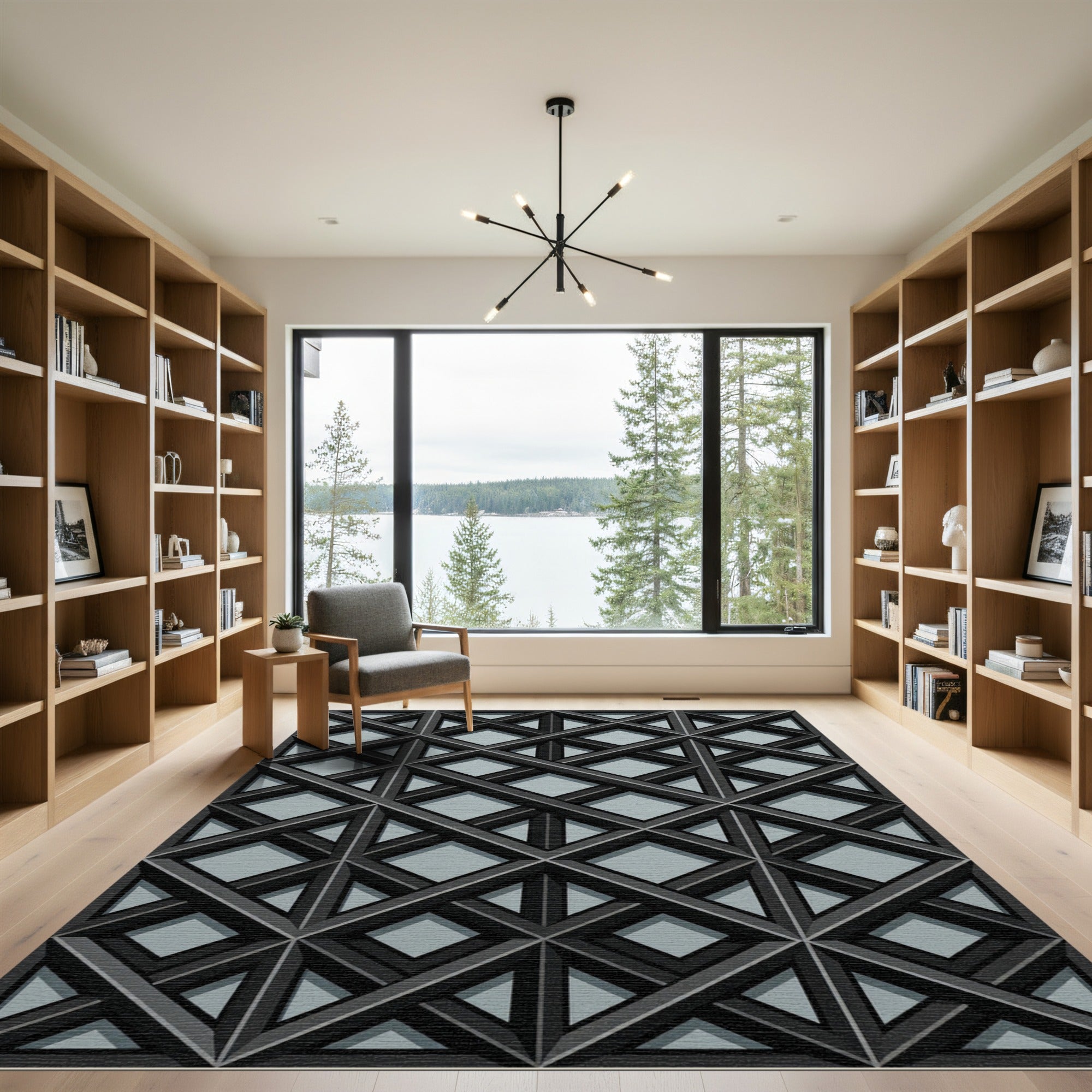 Modern Charcoal Gray Interlocking Geometric Grid Rug