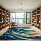 Dynamic Blue and Gold Abstract Wave Rug