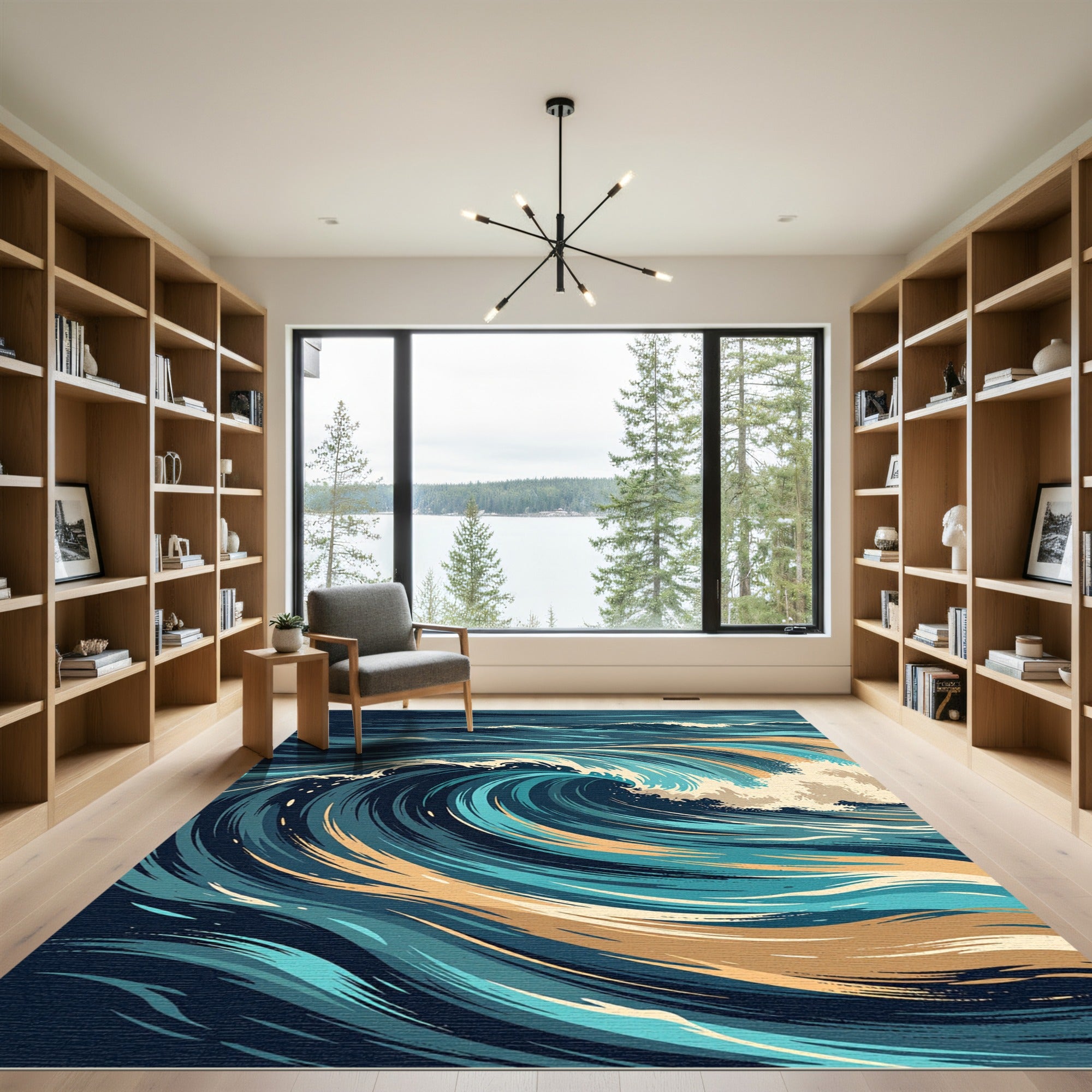 Dynamic Blue and Gold Abstract Wave Rug