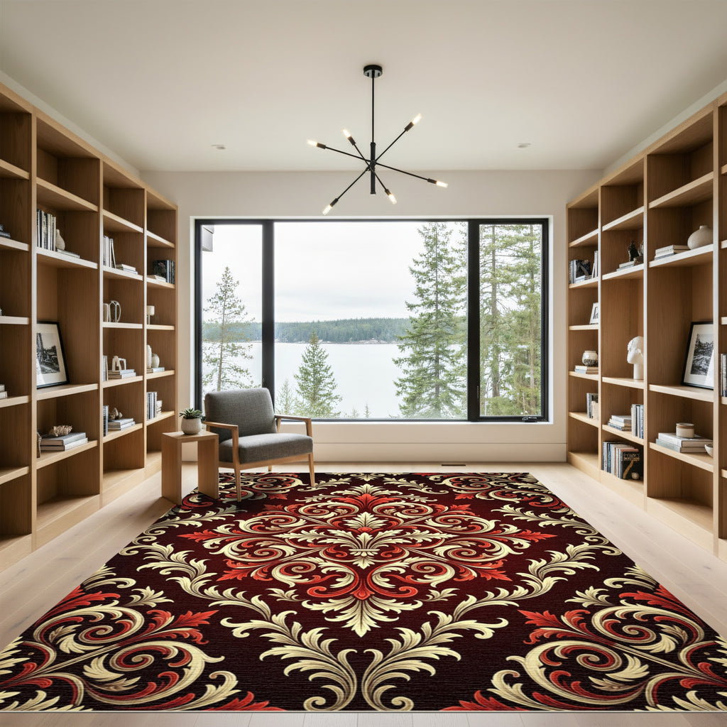 Crimson Ivory Vintage Floral Damask Rug