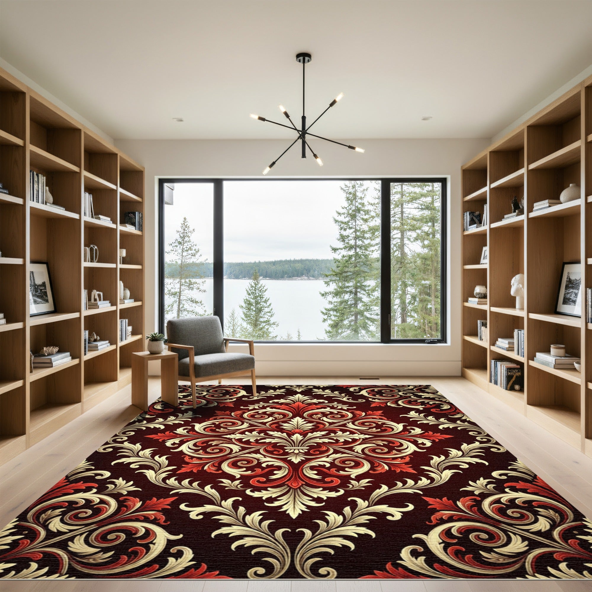 Crimson Ivory Vintage Floral Damask Rug