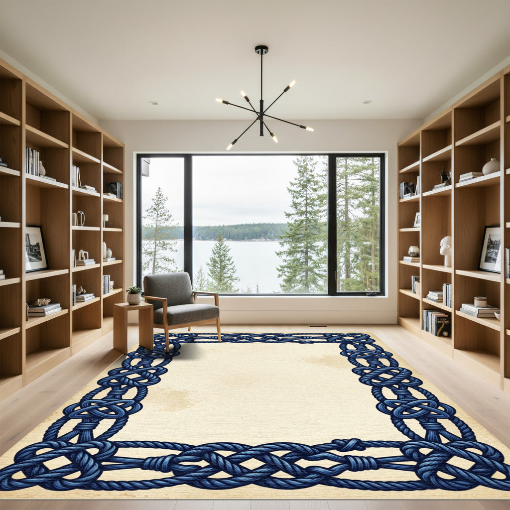 Intricate Navy Blue Celtic Knot Frame Rug