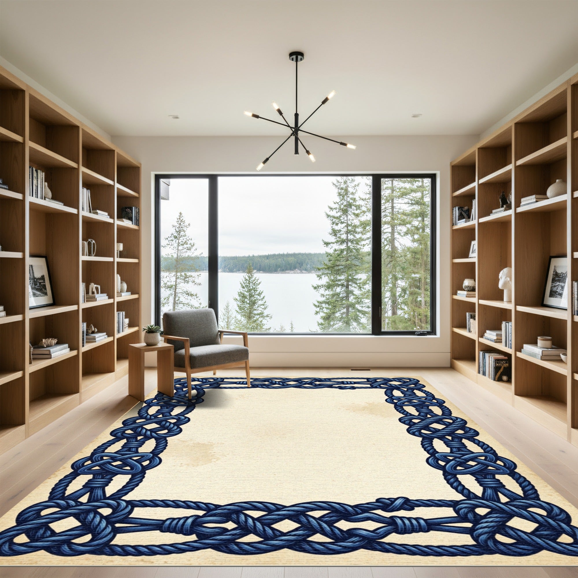 Intricate Navy Blue Celtic Knot Frame Rug
