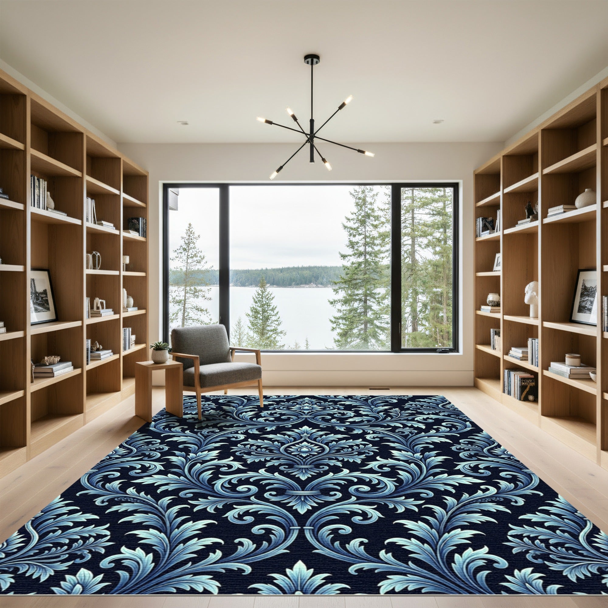 Elegant Blue Floral Damask Rug