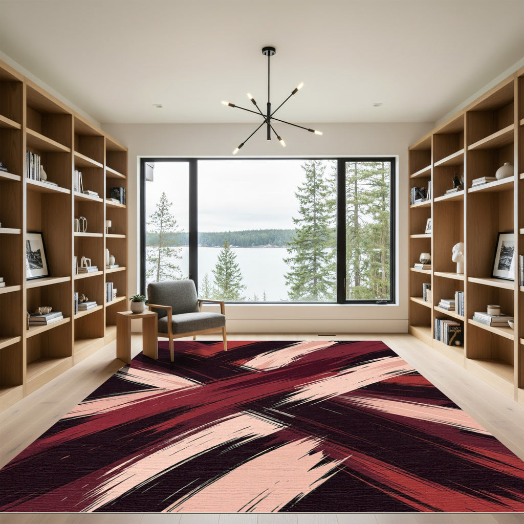 Abstract Crimson and Blush Brush Strokes Rug