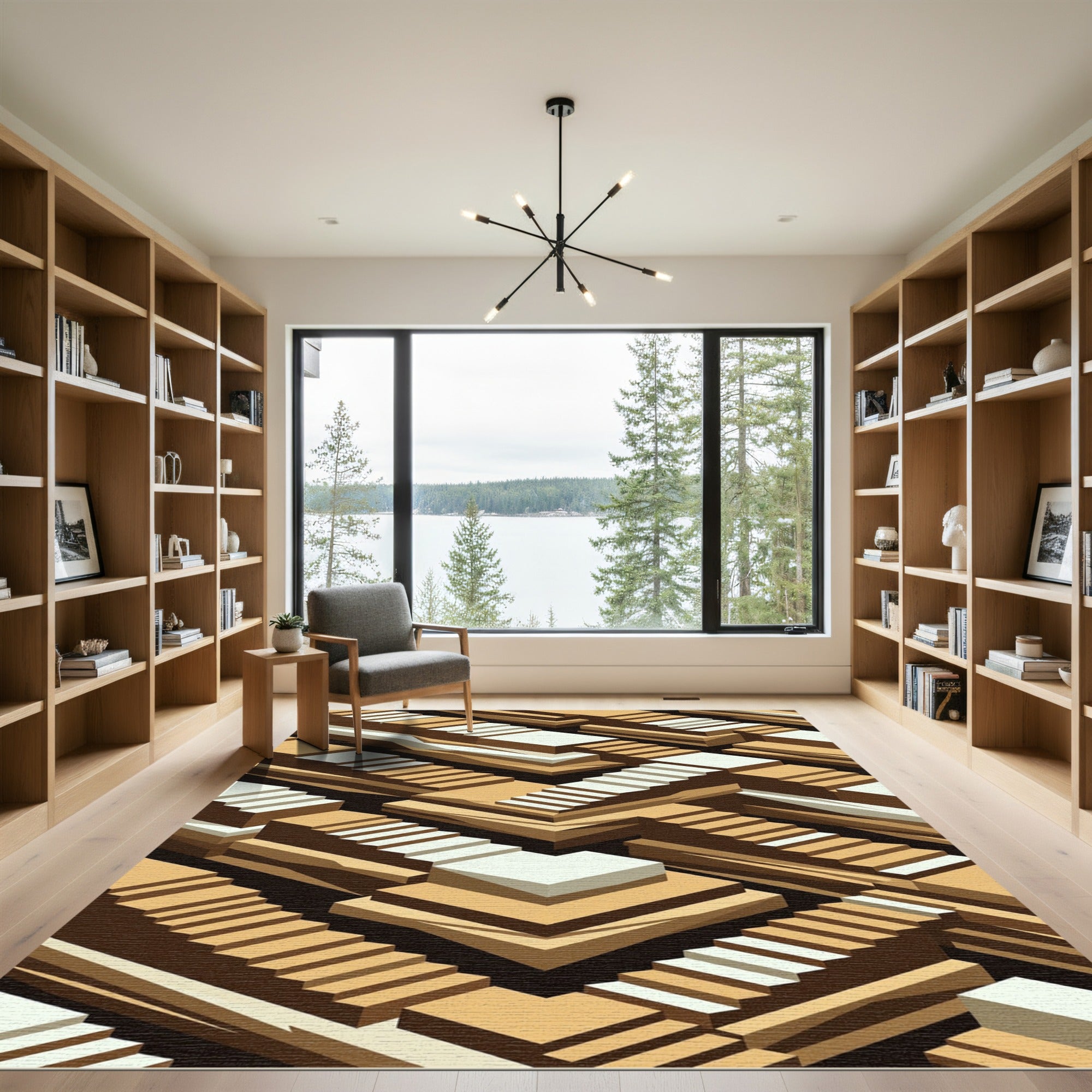 Brown White Abstract Architectural Steps Rug