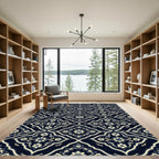 Dark Navy Cream Floral Filigree Trellis Rug