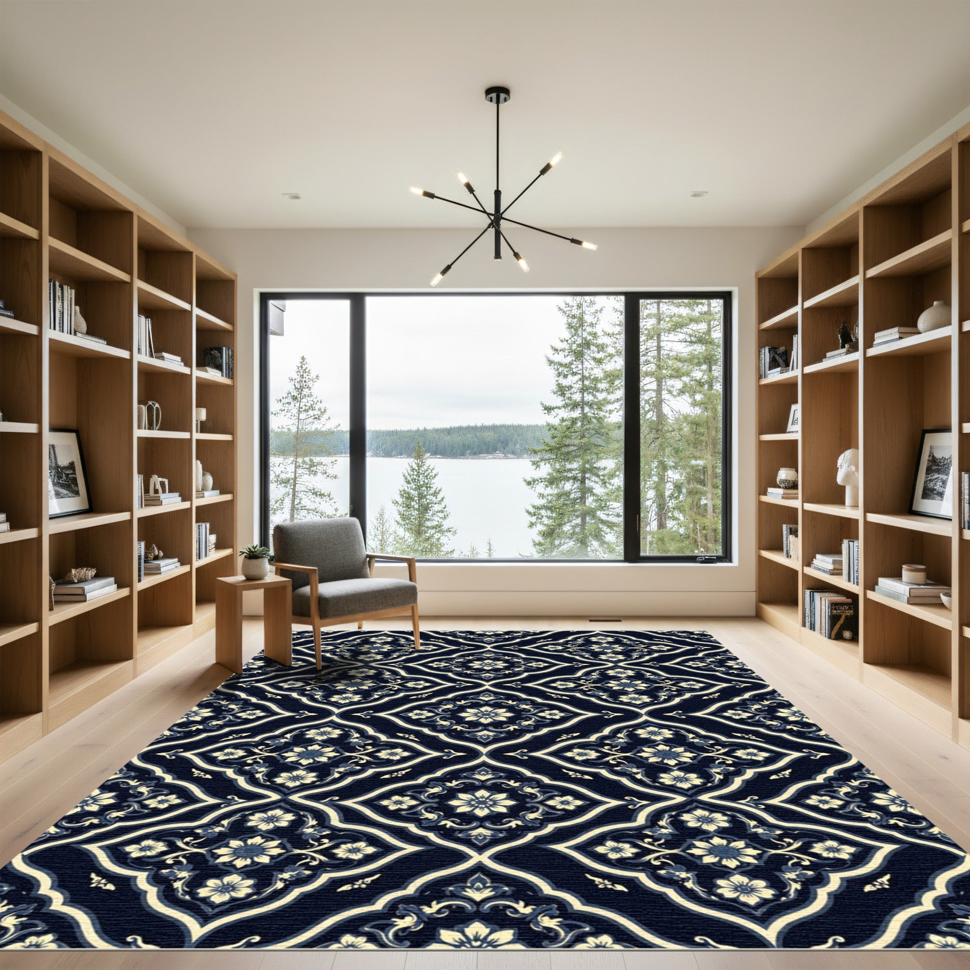 Dark Navy Cream Floral Filigree Trellis Rug
