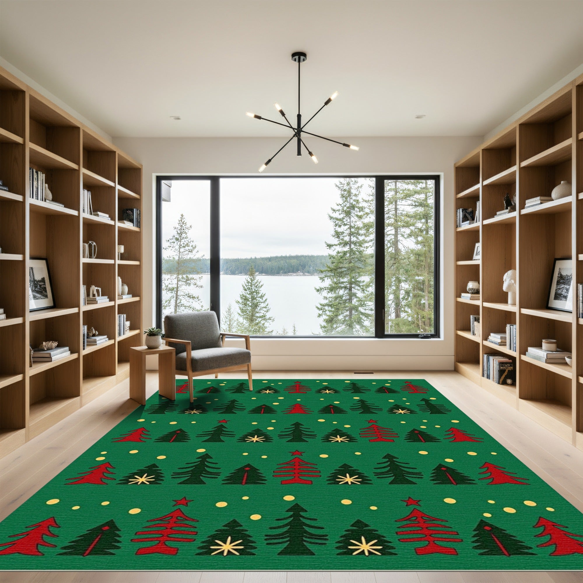 Green Red Pine Christmas Lights Rug