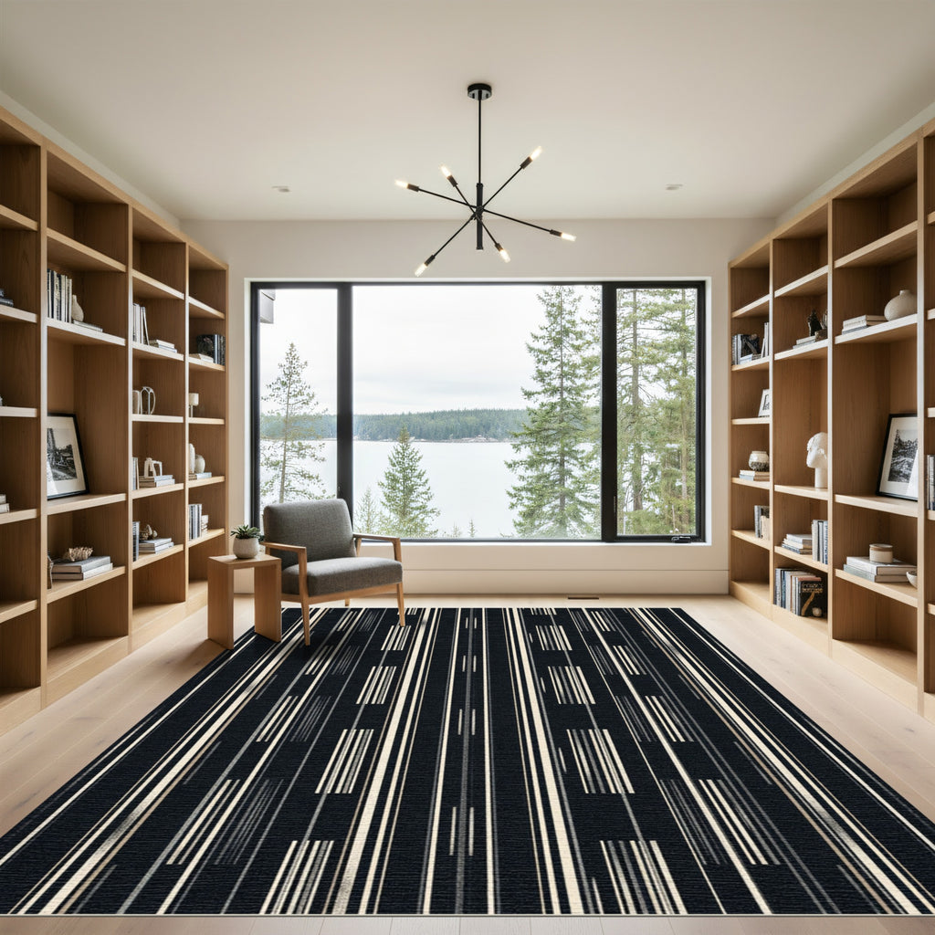 Modern Black Vertical Line Composition Rug