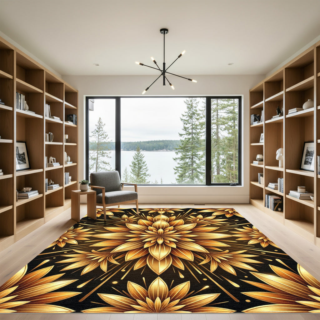 Elegant Radiant Golden Lotus Mandala Rug