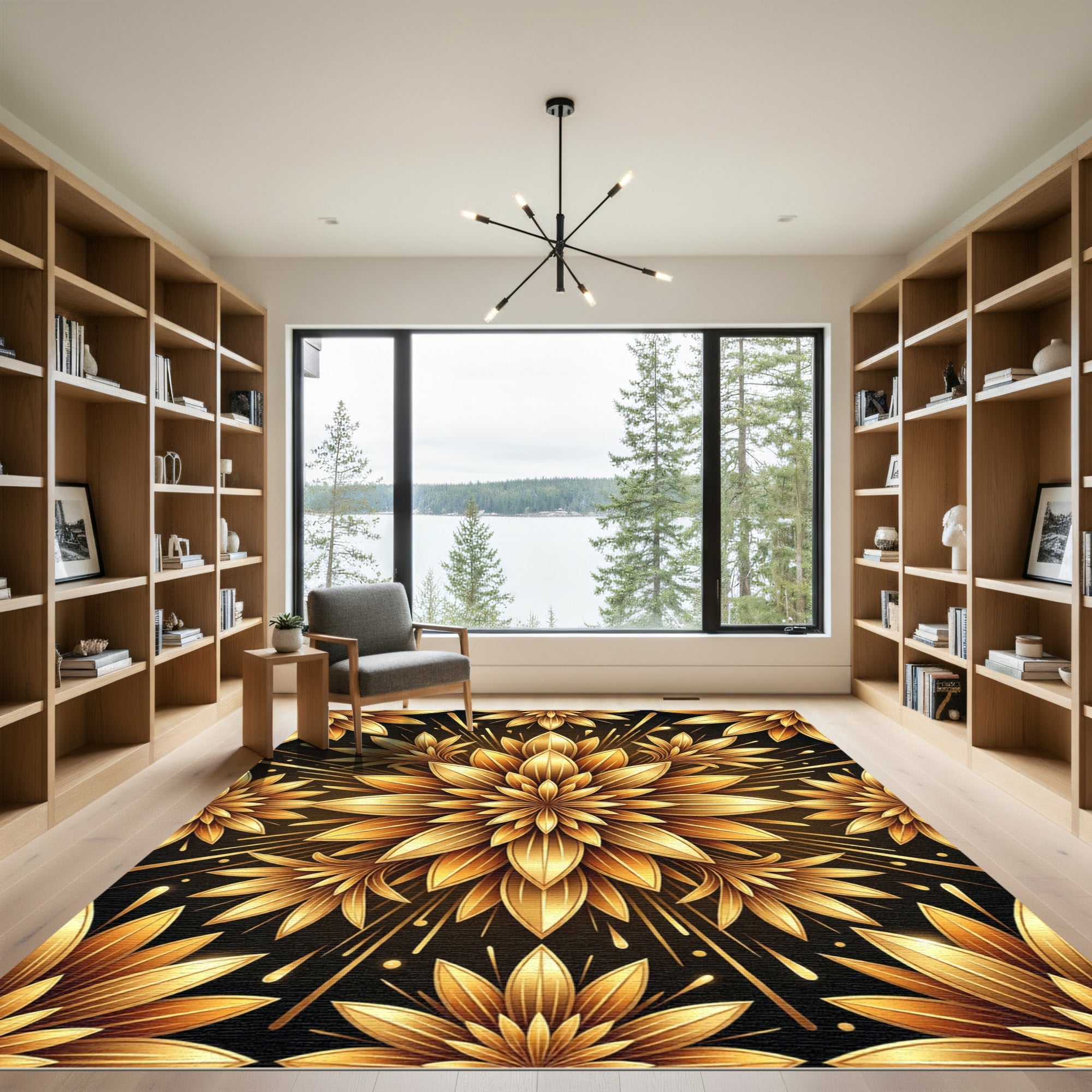 Elegant Radiant Golden Lotus Mandala Rug
