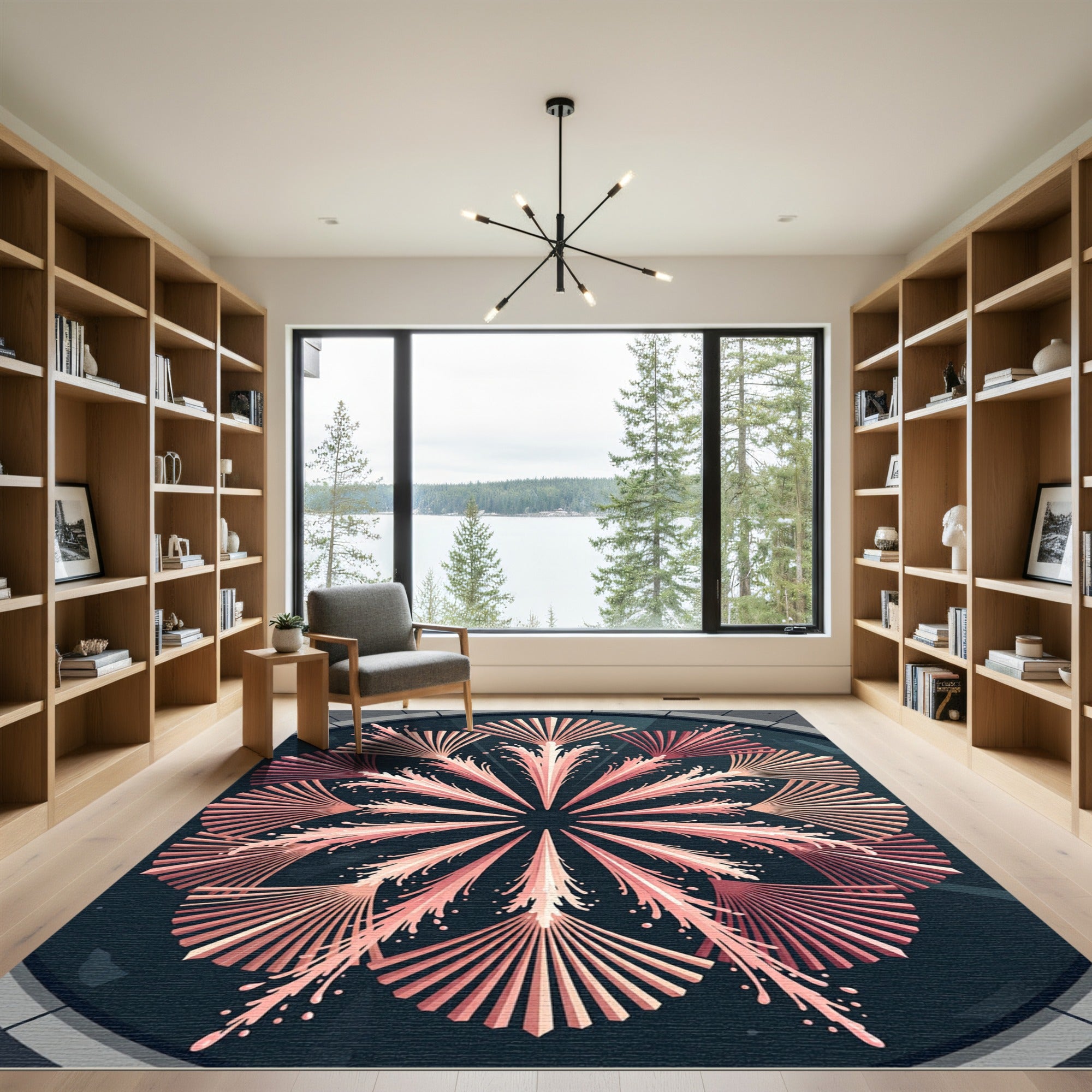 Coral Pink Fanburst Mandala Rug