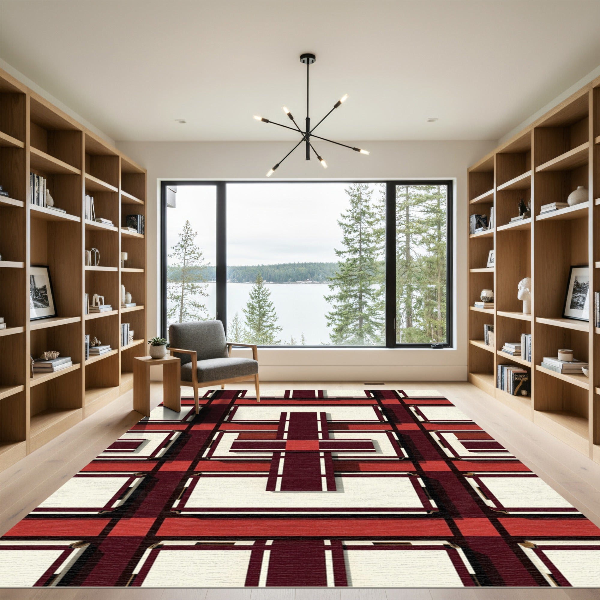 Deep Red Cream Plaid Grid Rug