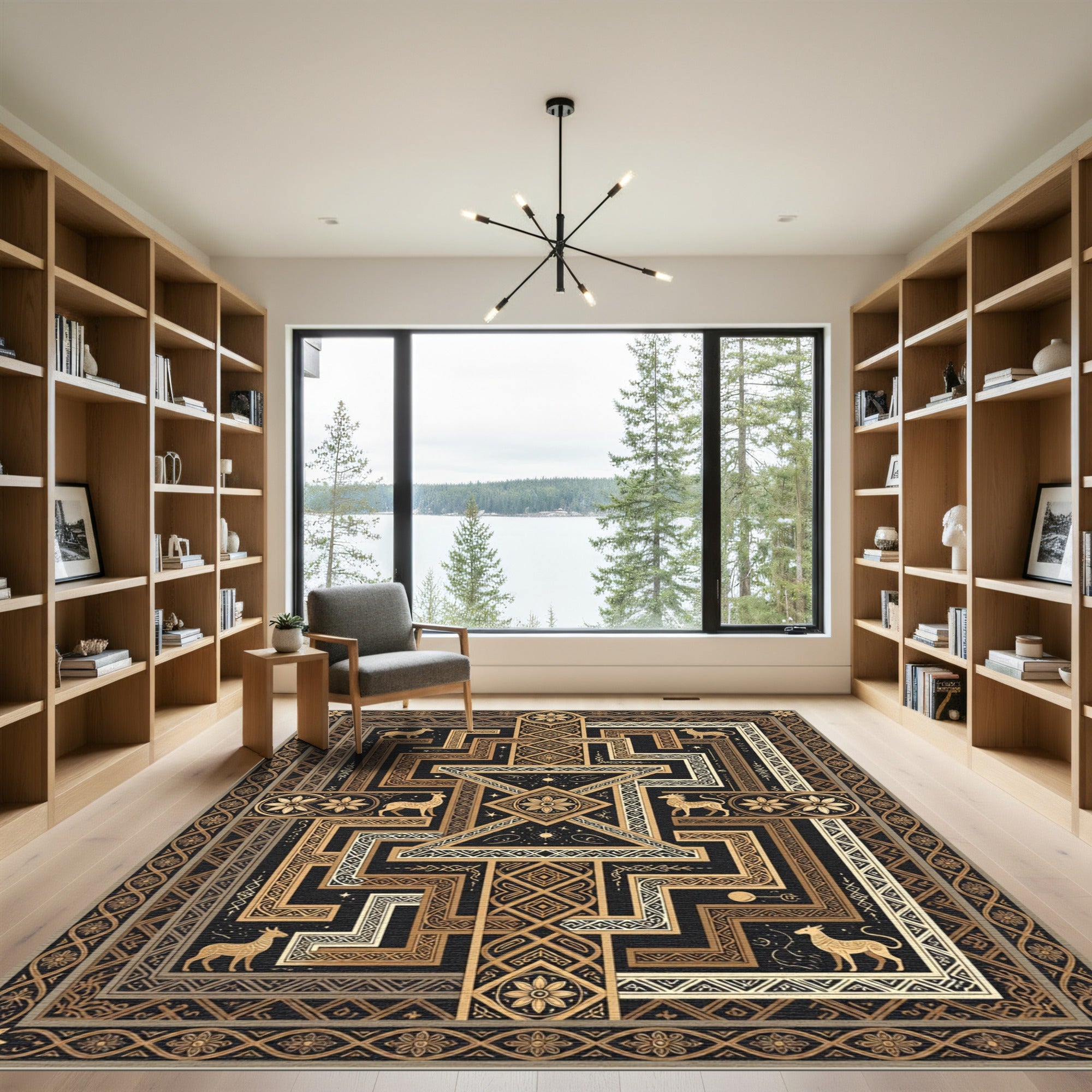 Golden Mythical Creature Geometric Maze Rug