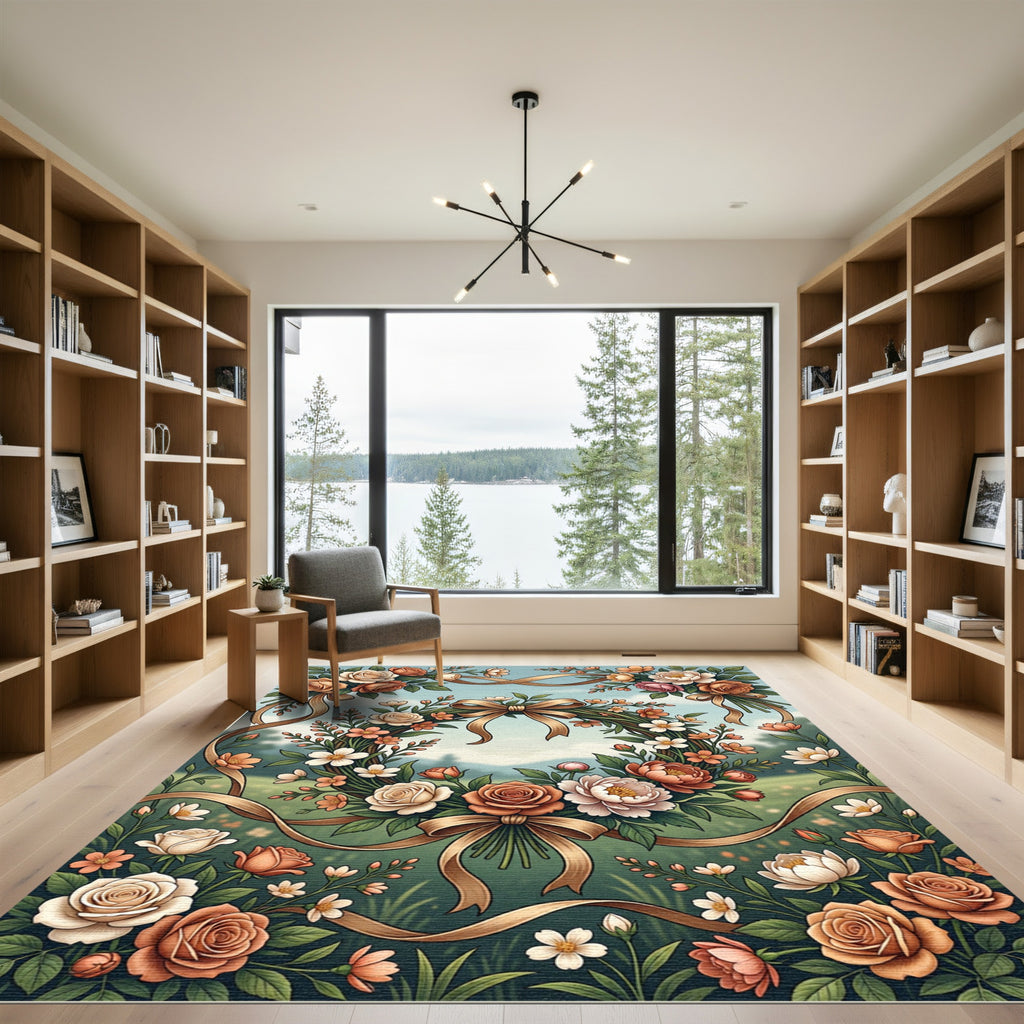Elegant Floral Wreath with Ribbon Rug