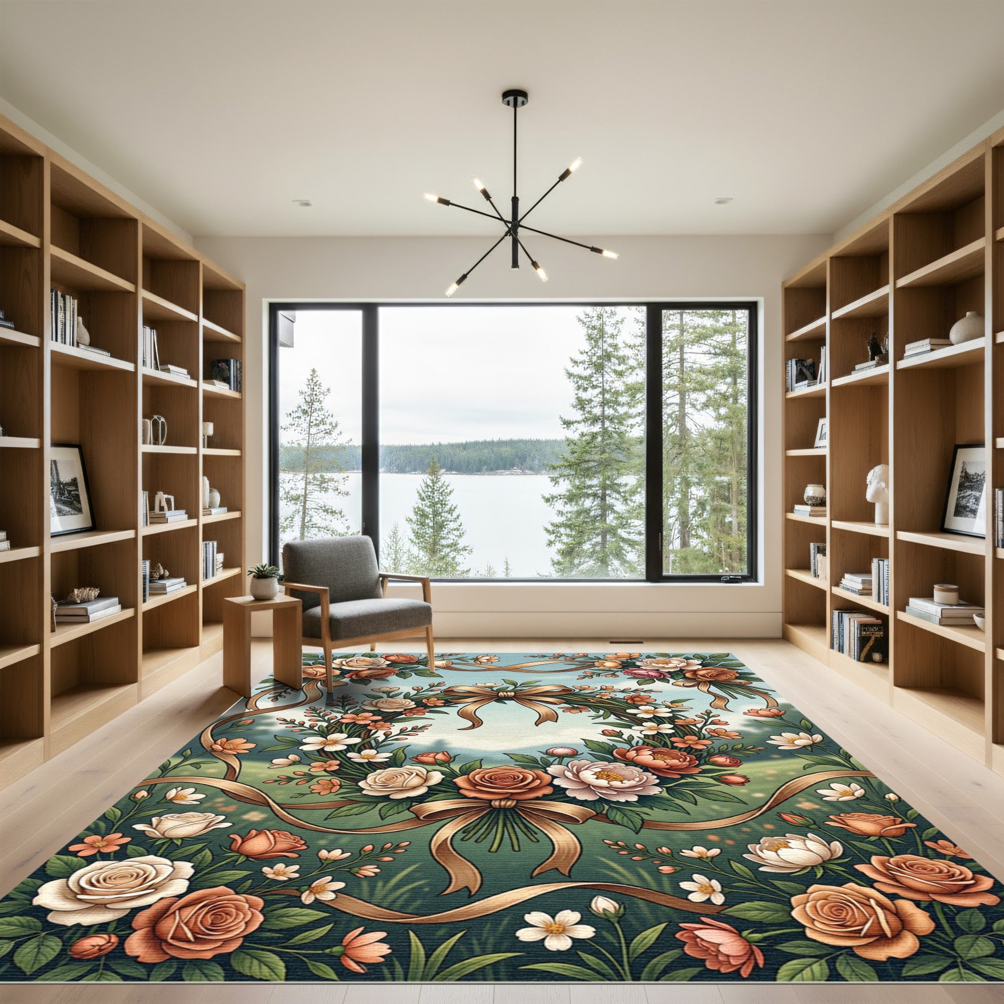 Elegant Floral Wreath with Ribbon Rug