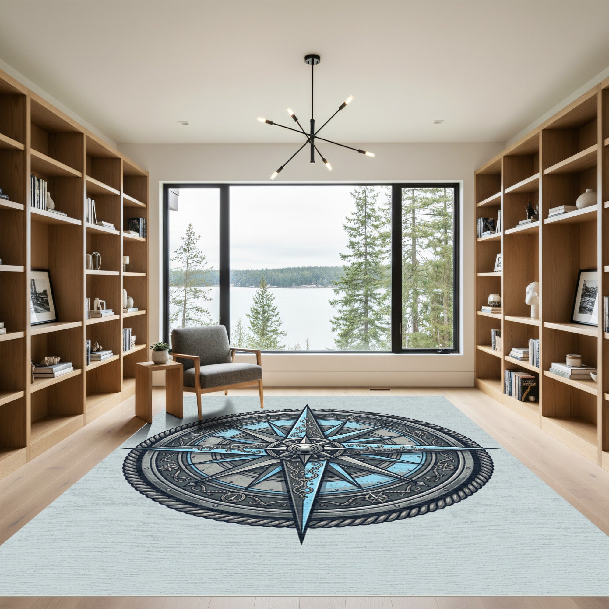Intricate Nautical Compass Silver Blue Ray Rug