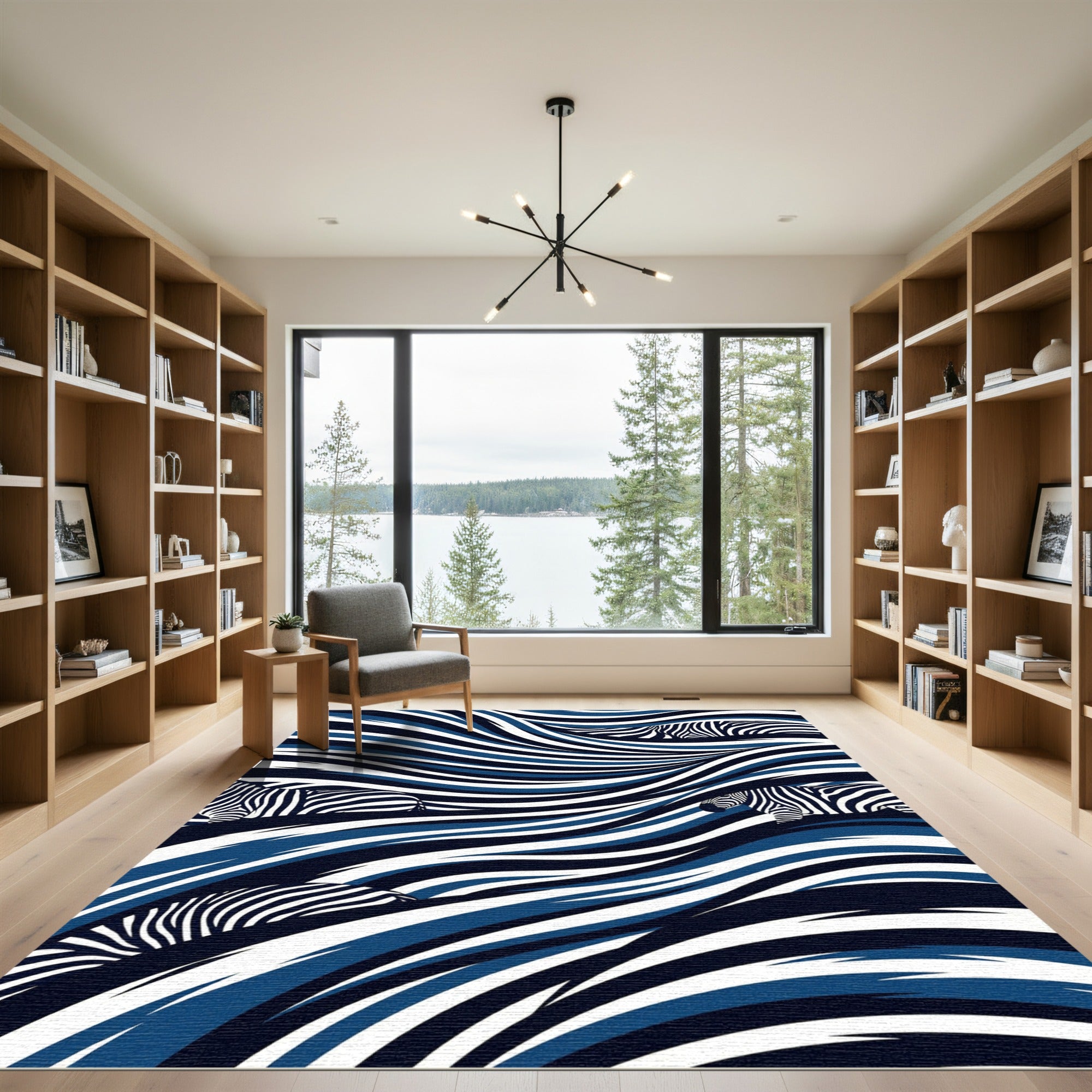 Navy White Wavy Zebra Stripes Rug