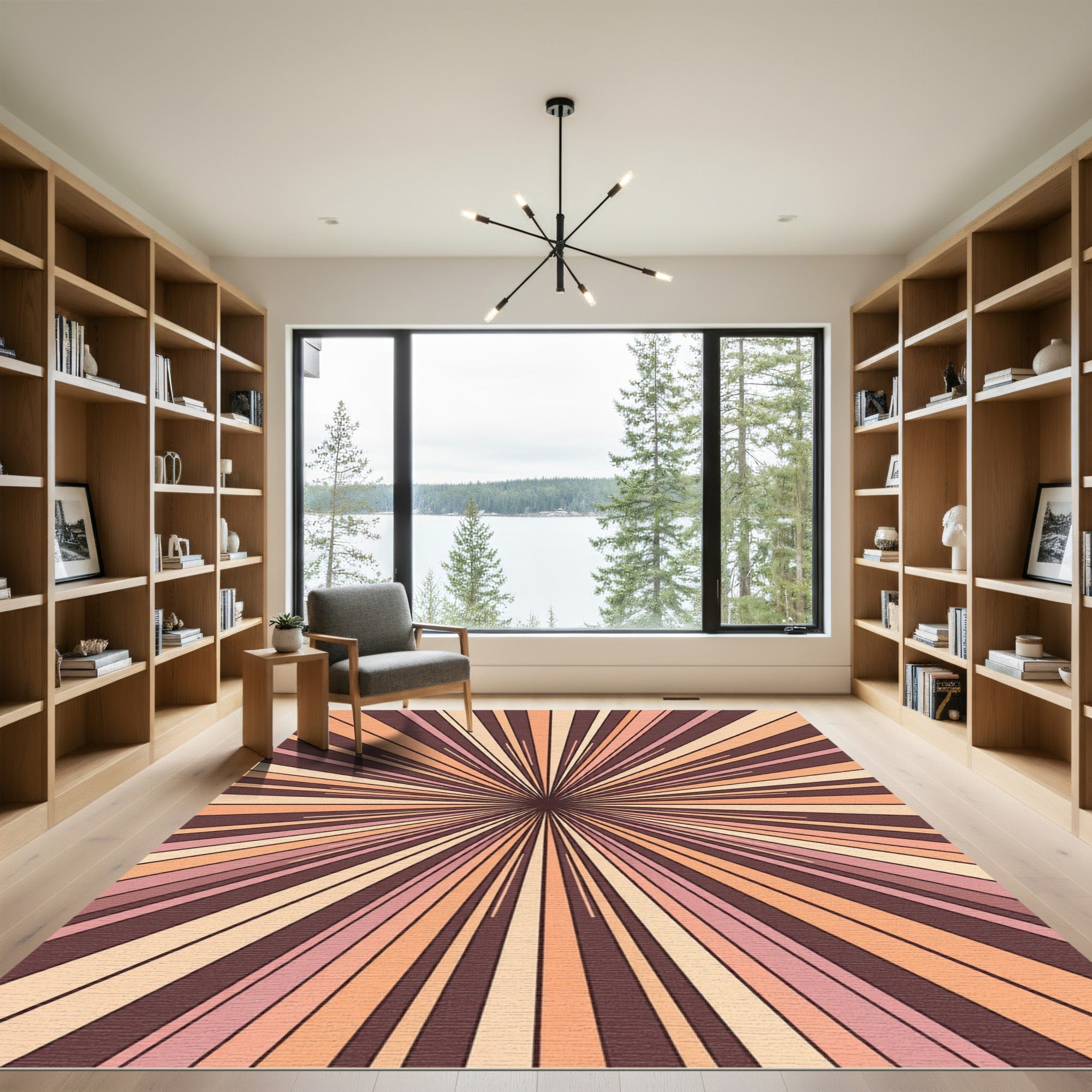Retro Sunburst Peach Cream Lines Rug