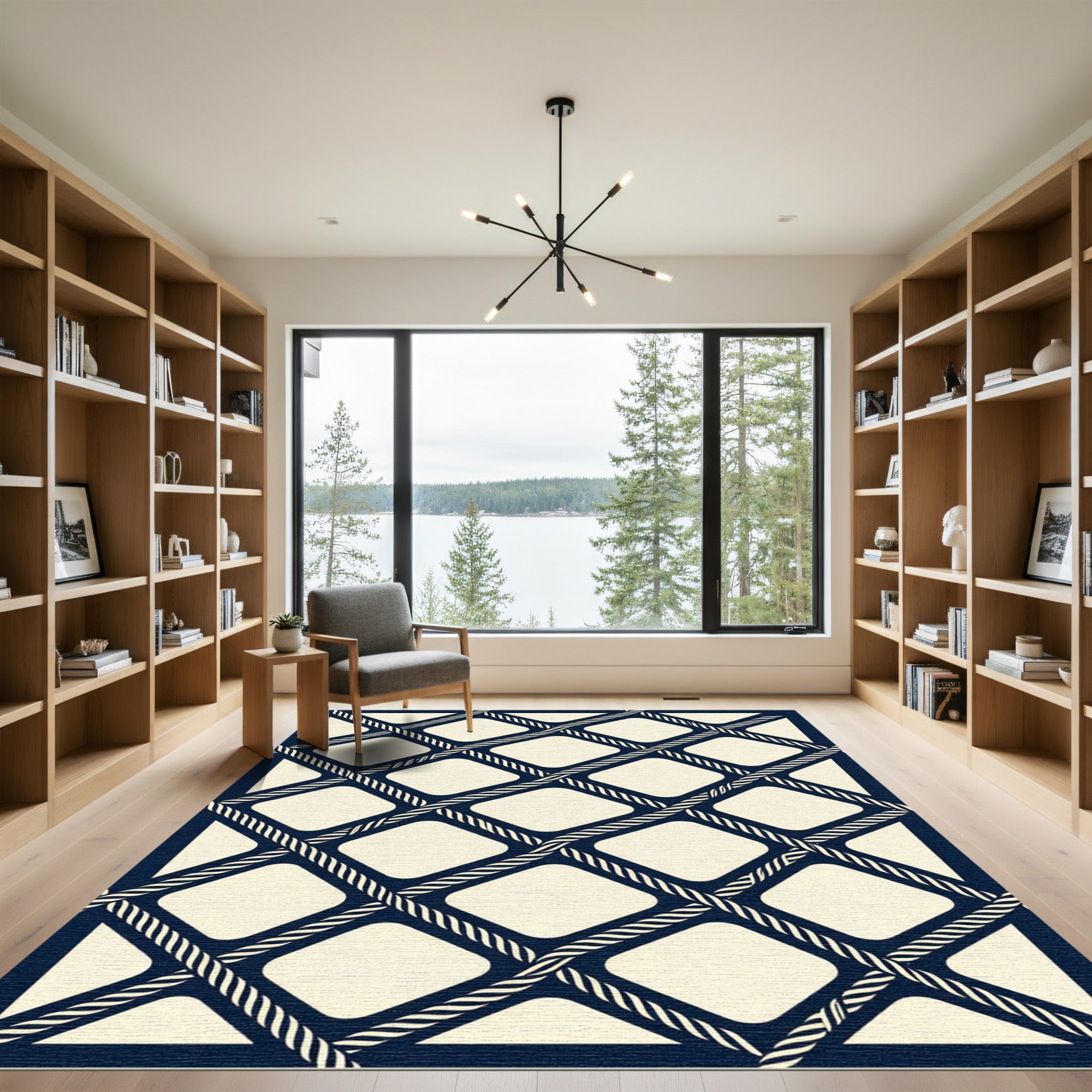 Navy Nautical Rope Grid Lattice Rug