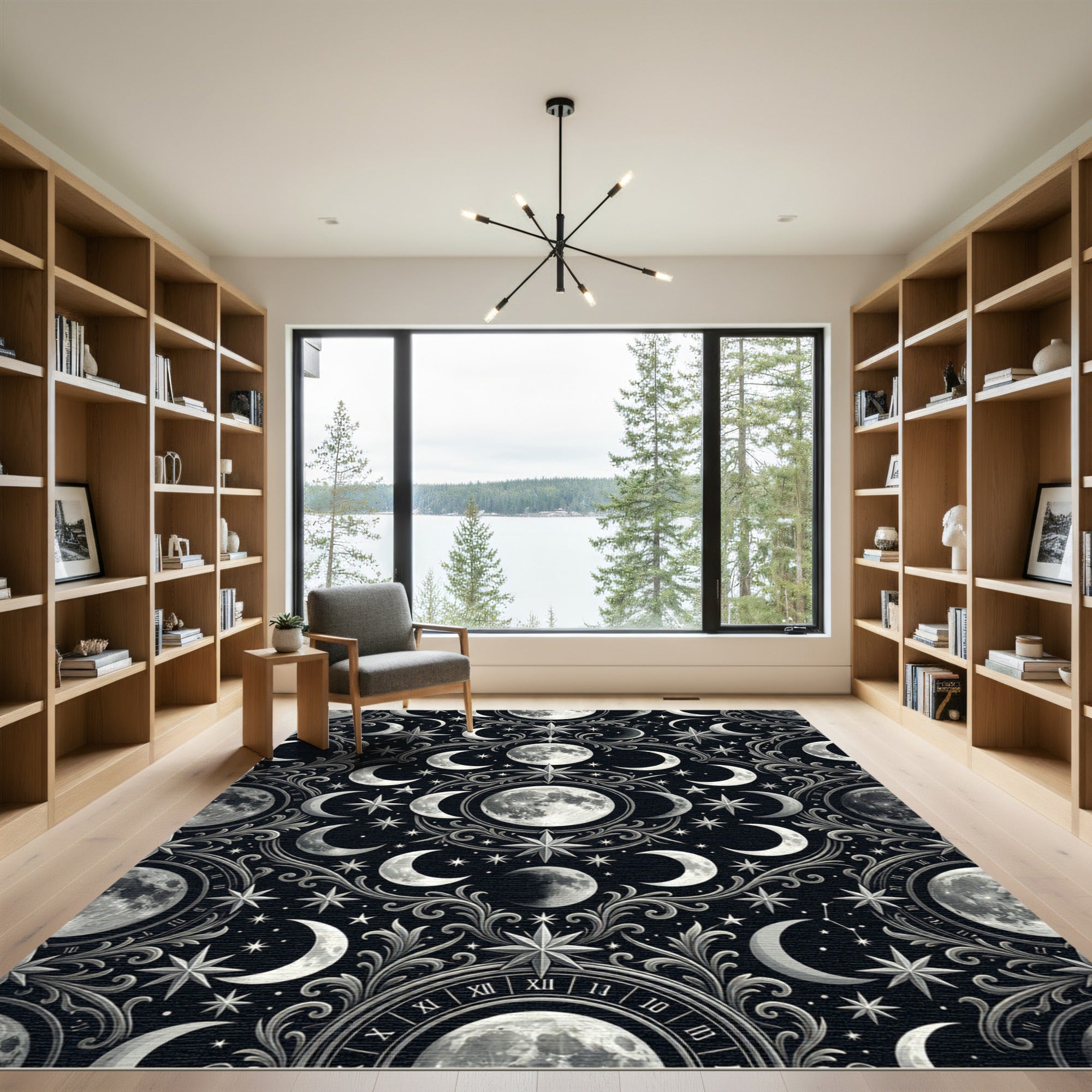 Celestial Silver Moon and Star Tapestry Rug
