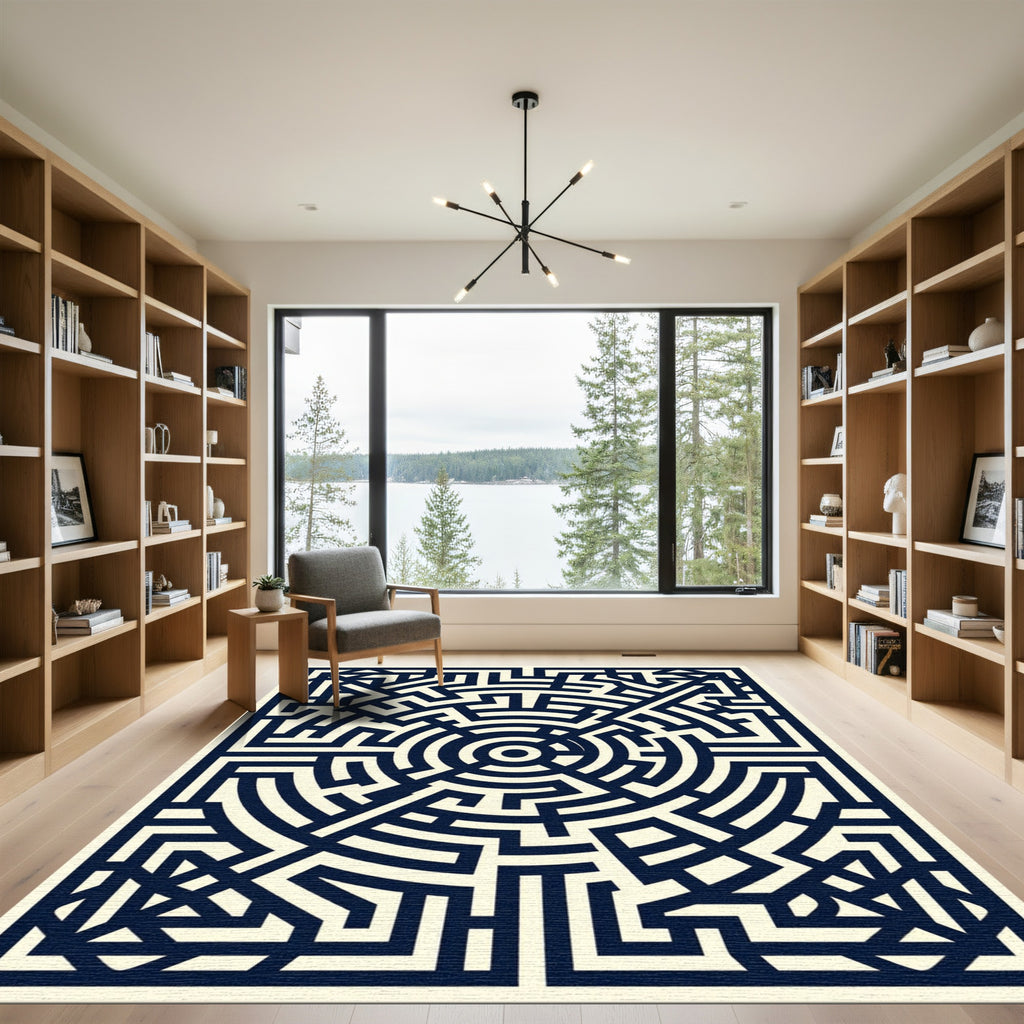 Midnight Maze Circular Geometric Abstract Rug