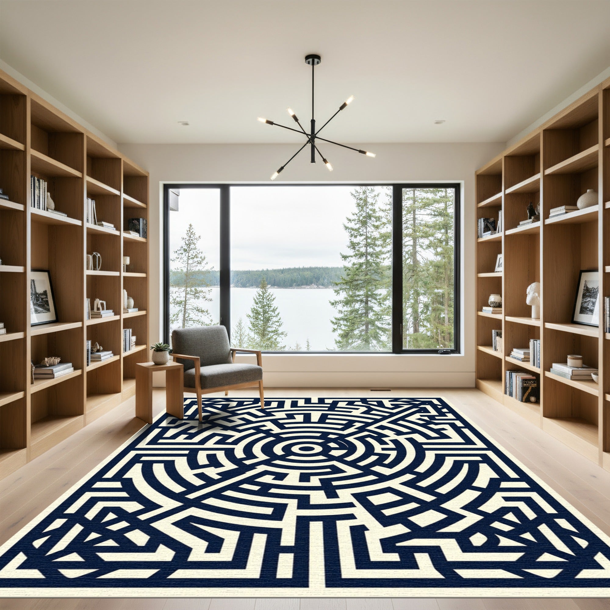 Midnight Maze Circular Geometric Abstract Rug