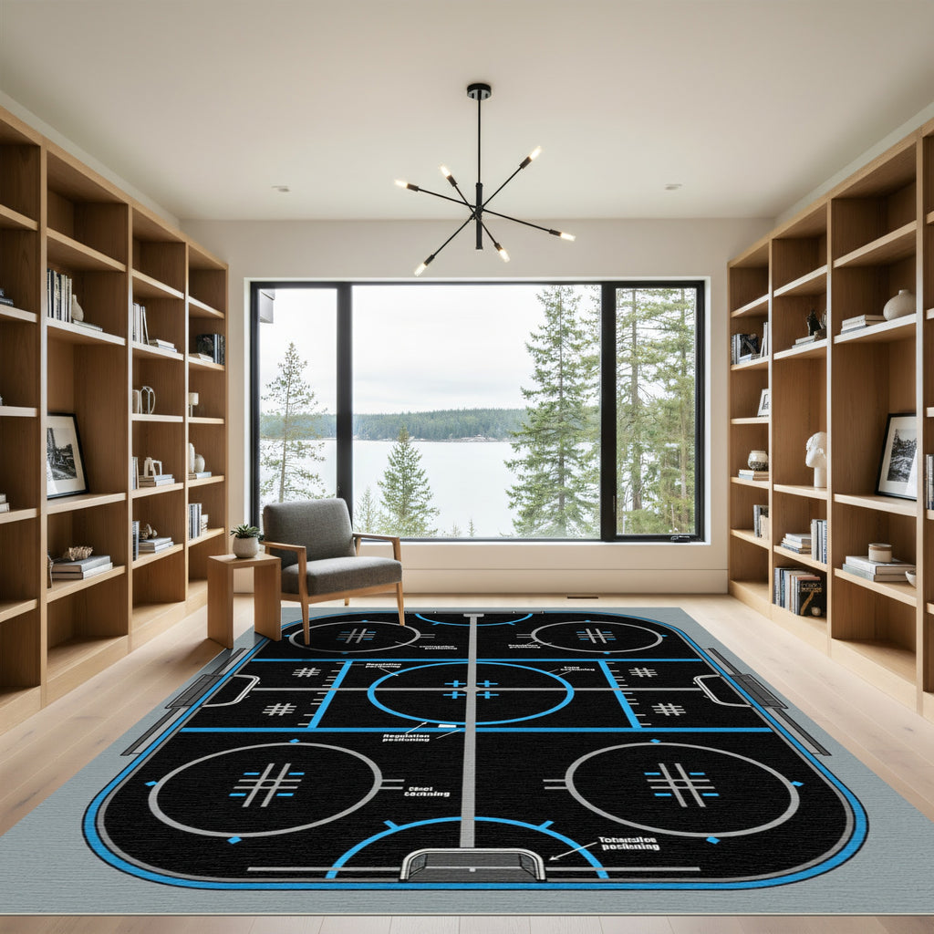 Modern Blue Black Hockey Rink Rug