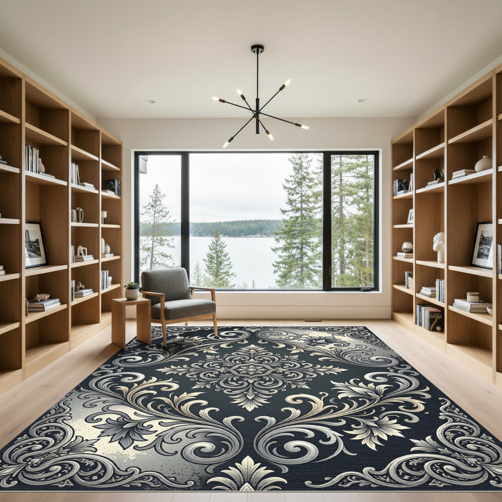 Elegant Charcoal Silver Damask Scroll Rug