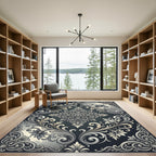 Elegant Charcoal Silver Damask Scroll Rug