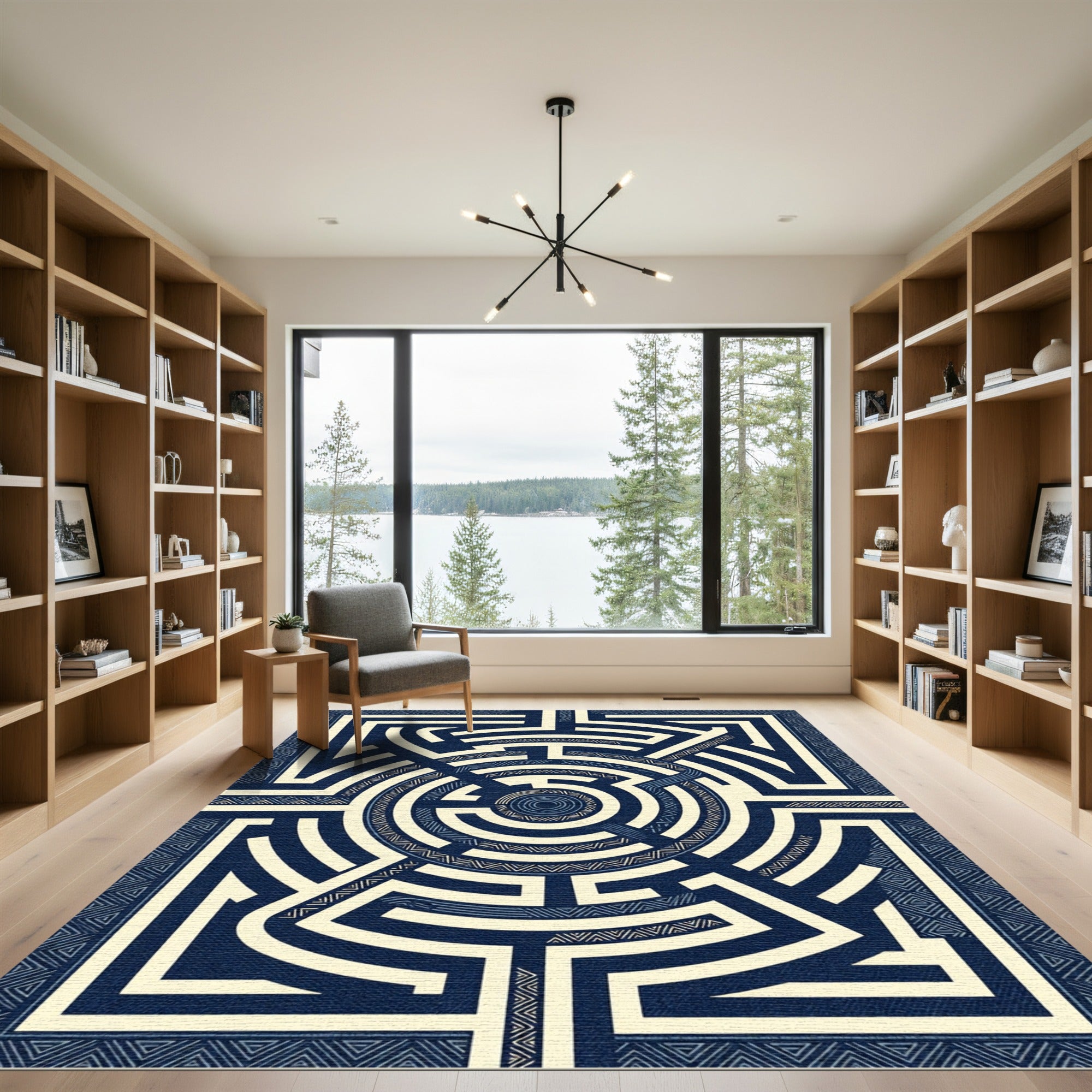 Navy Geometric Circular Maze Art Rug