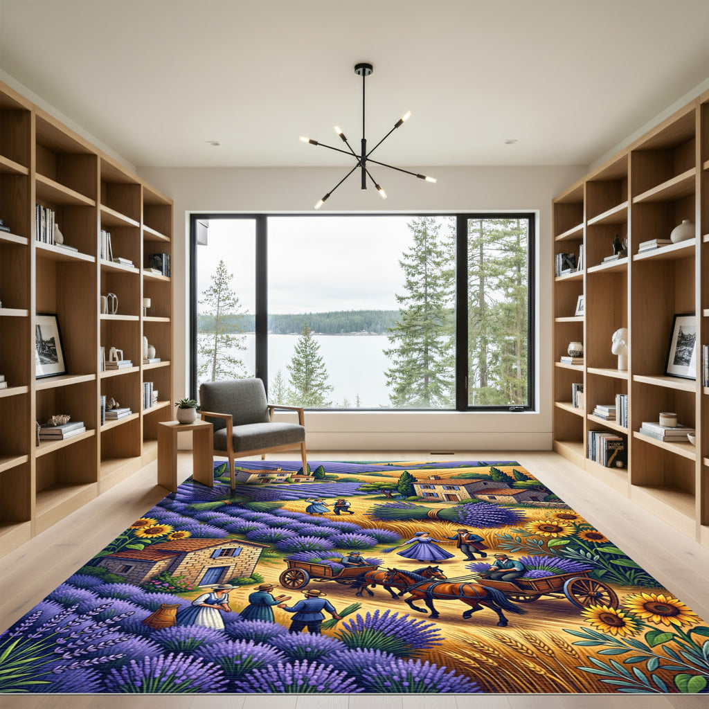 Provencal Lavender Fields and Farmhouse Scene Rug