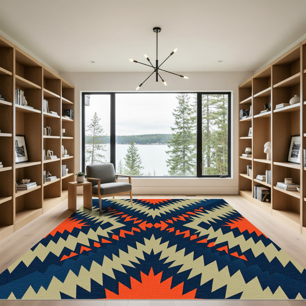 Bold Navy Orange Geo Diamond Zigzag Rug