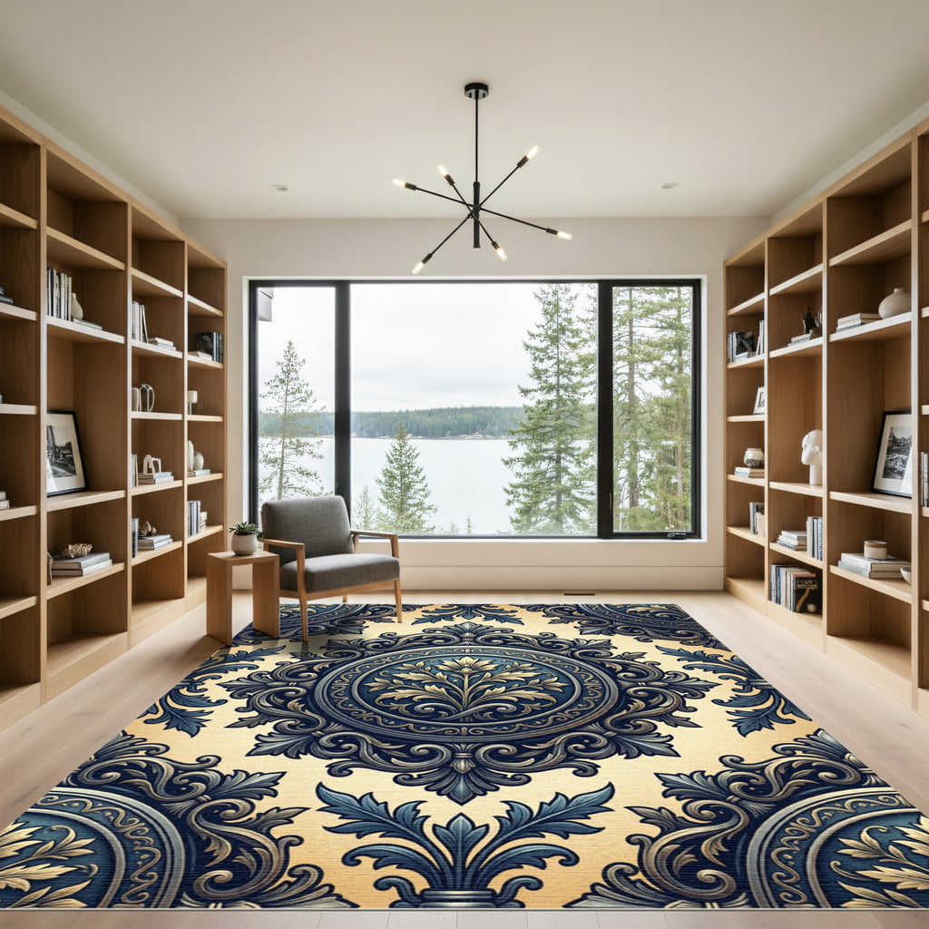 Antique Blue Golden Botanical Medallion Rug