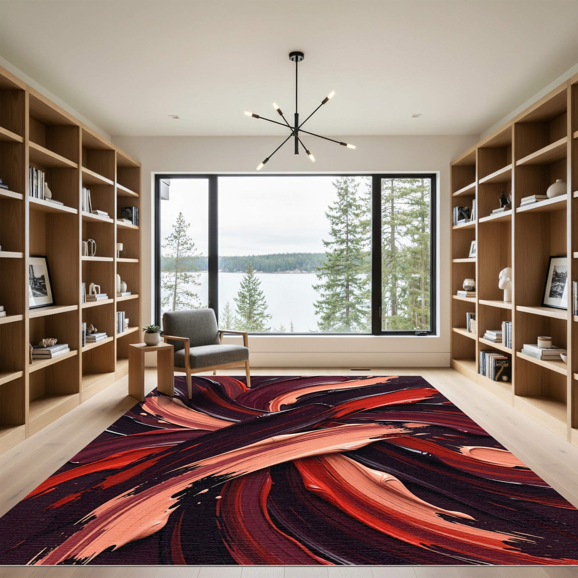 Bold Crimson and Nude Abstract Swirl Rug