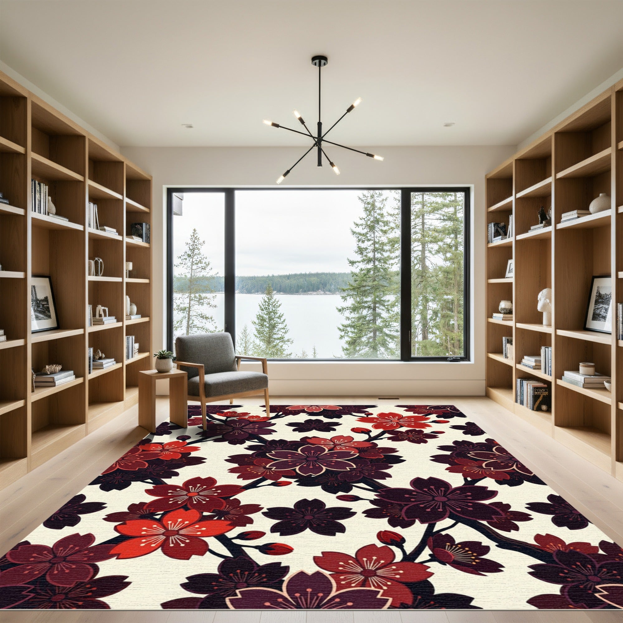 Crimson Cherry Blossom Branch Arrangement Rug