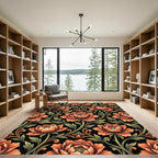 Elegant Peach Peony Botanical Black Rug
