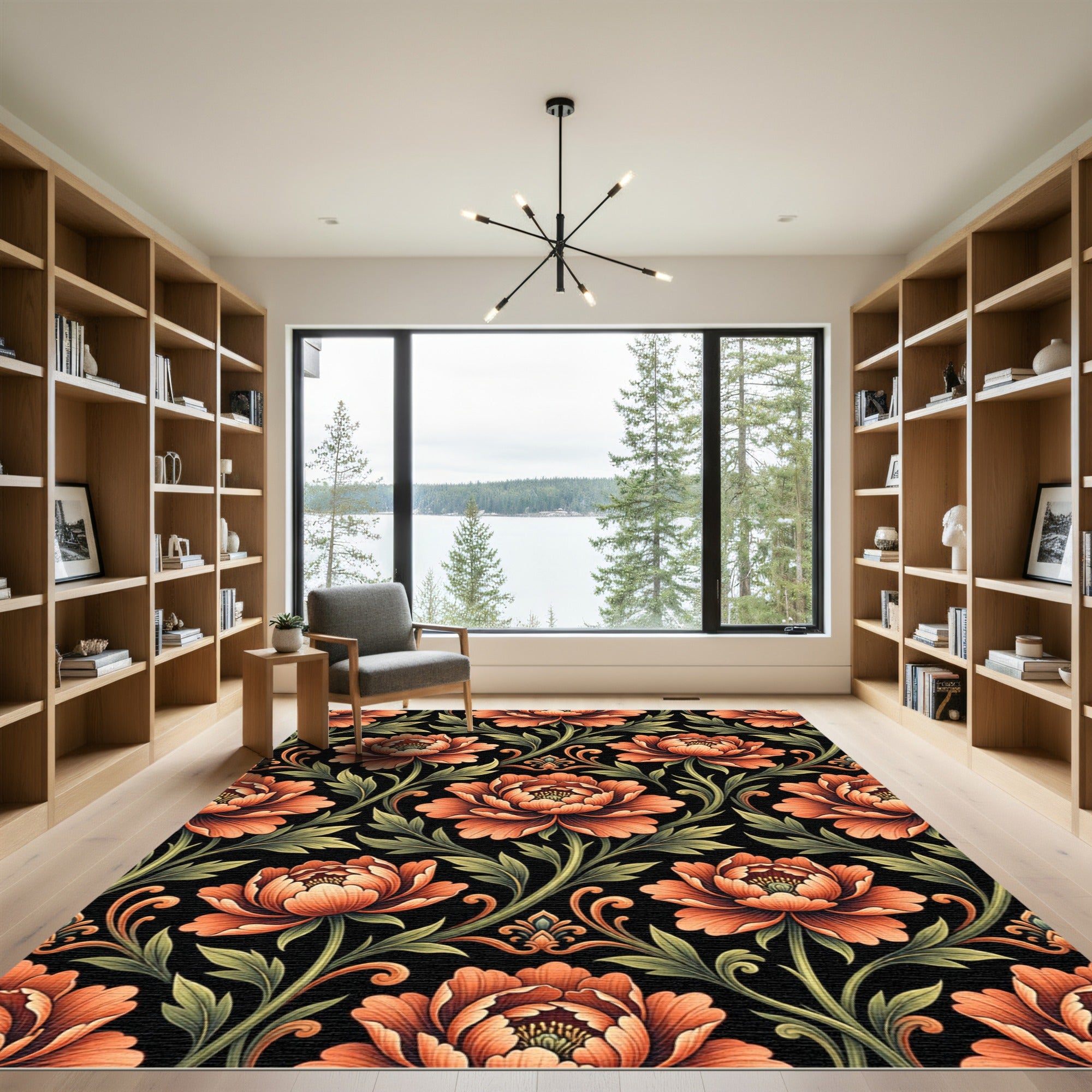 Elegant Peach Peony Botanical Black Rug