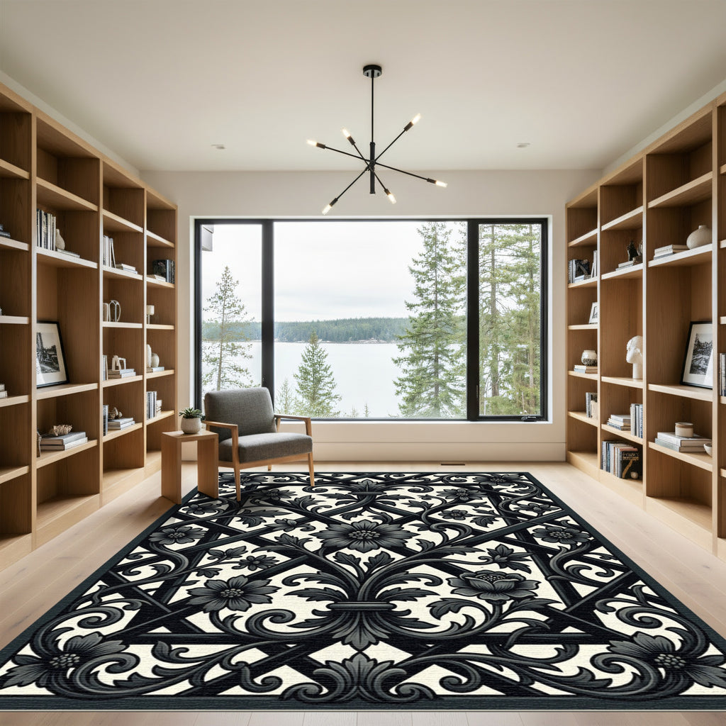 Elegant Black Floral Trellis Ironwork Rug