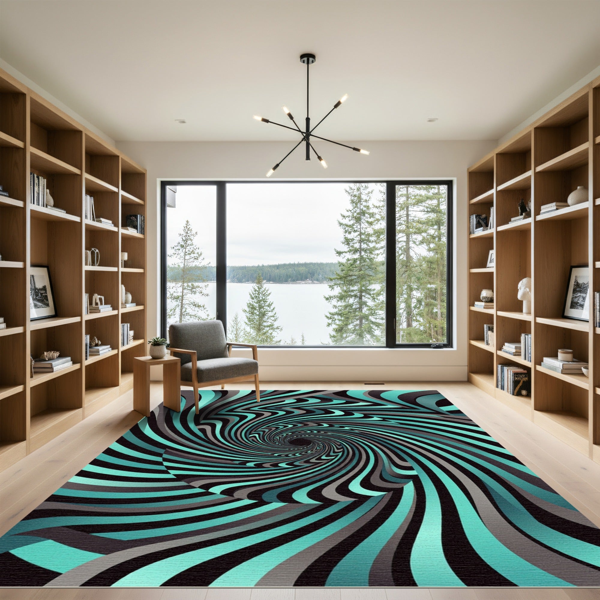 Modern Teal and Charcoal Vortex Swirl Rug