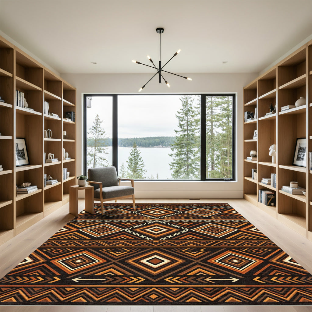 Earthy Geometric Diamond Tribal Copper Rug