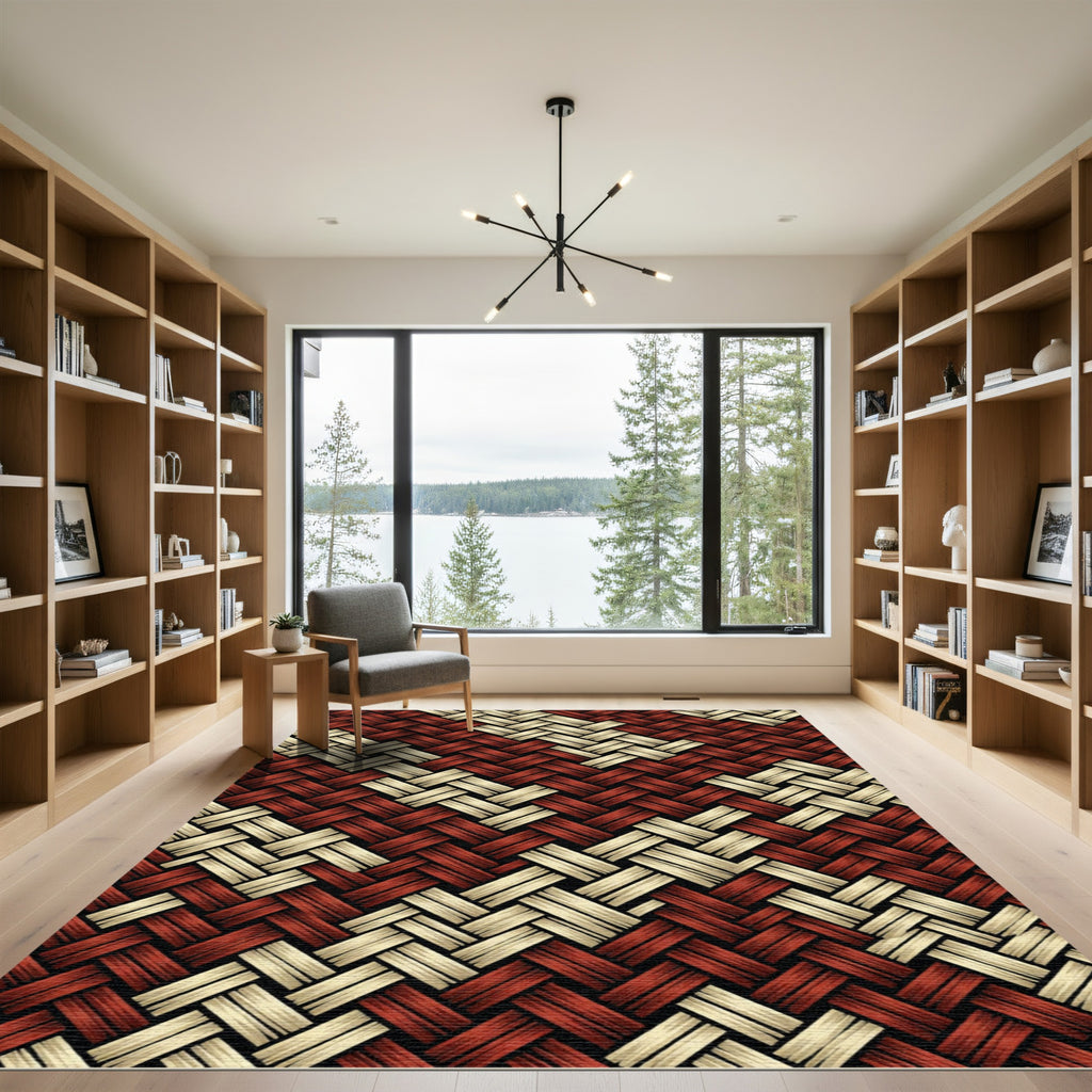 Red Gold Woven Basketweave Texture Rug