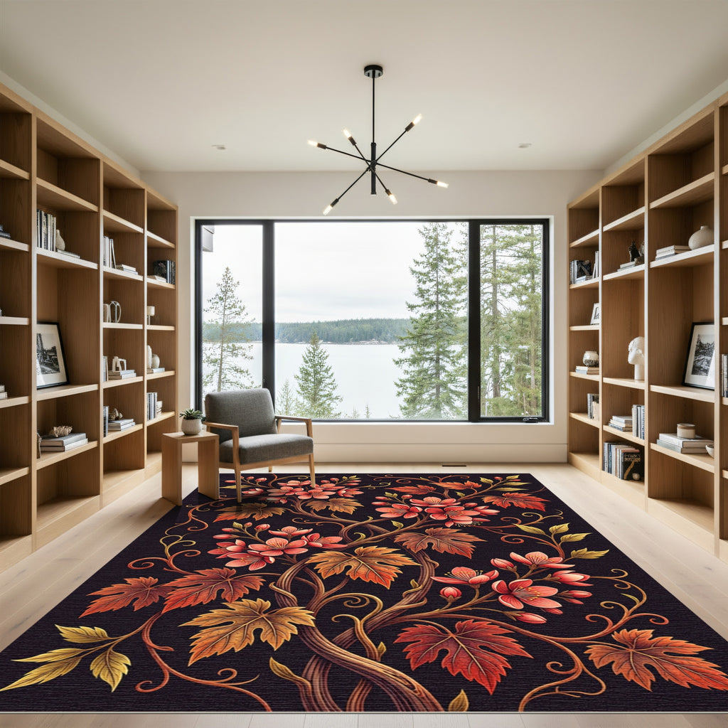 Autumn Blossom Floral Vine Noir Rug