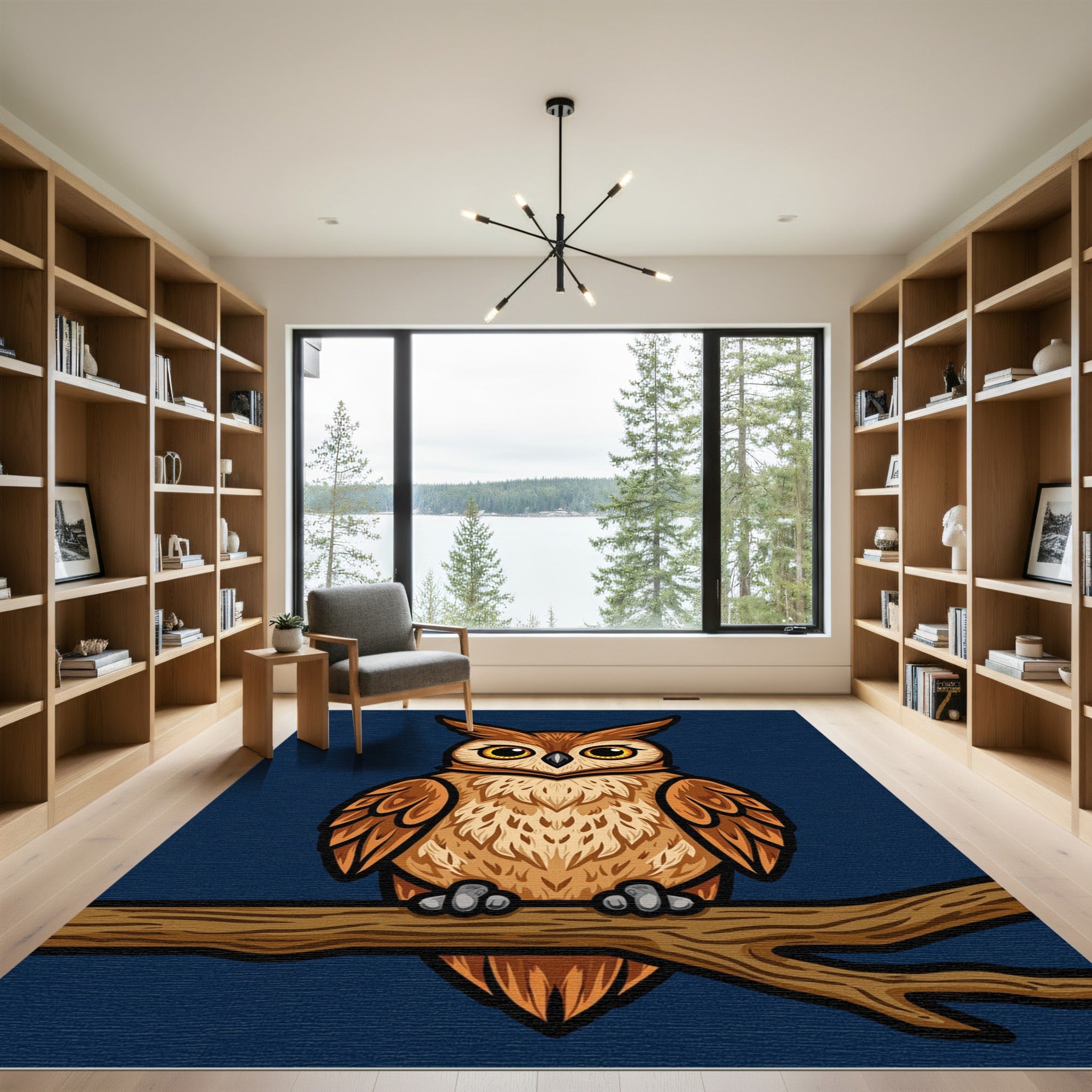 Brown Tawny Owl Perching Branch Design Rug