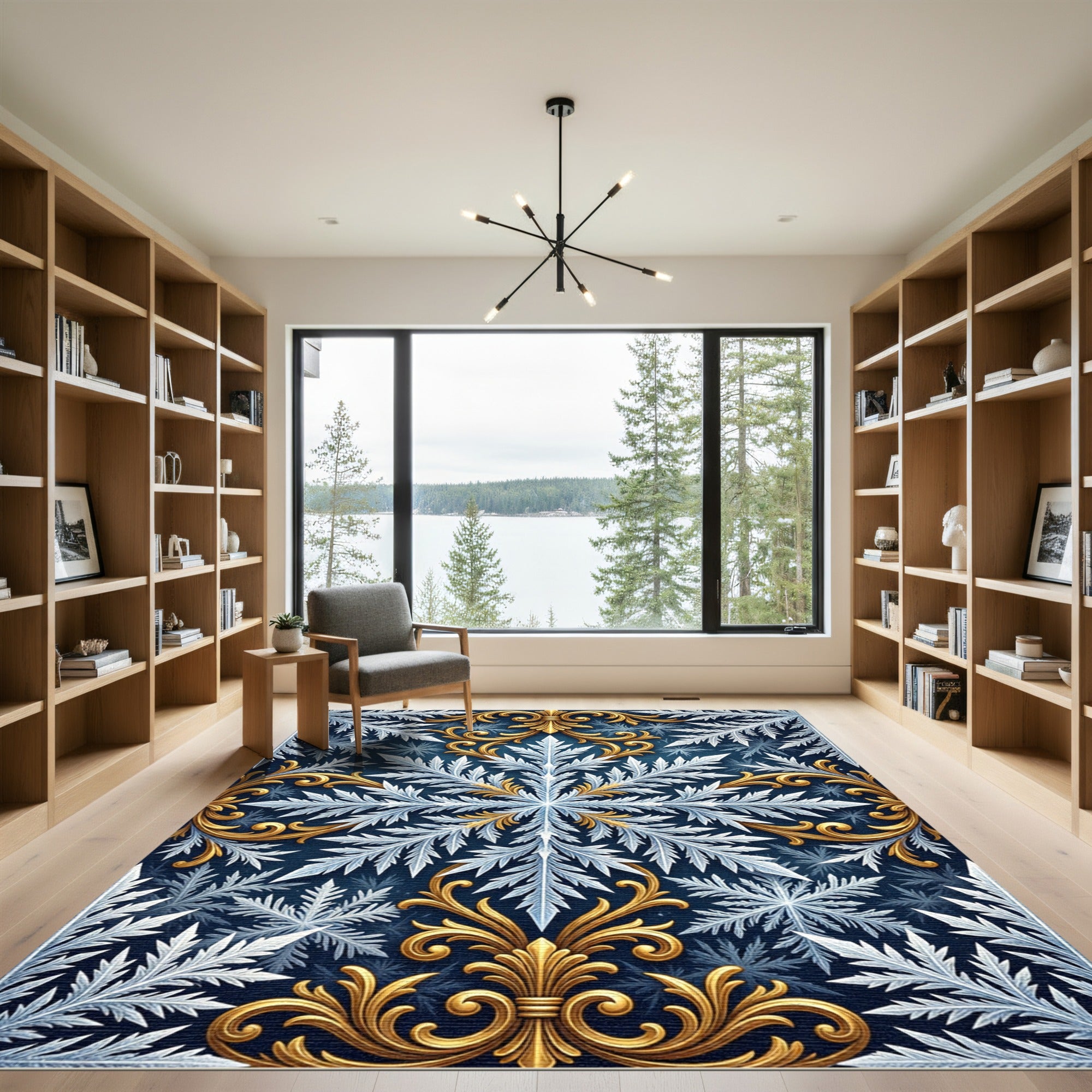 Gold Filigree Icy White Snowflake Rug