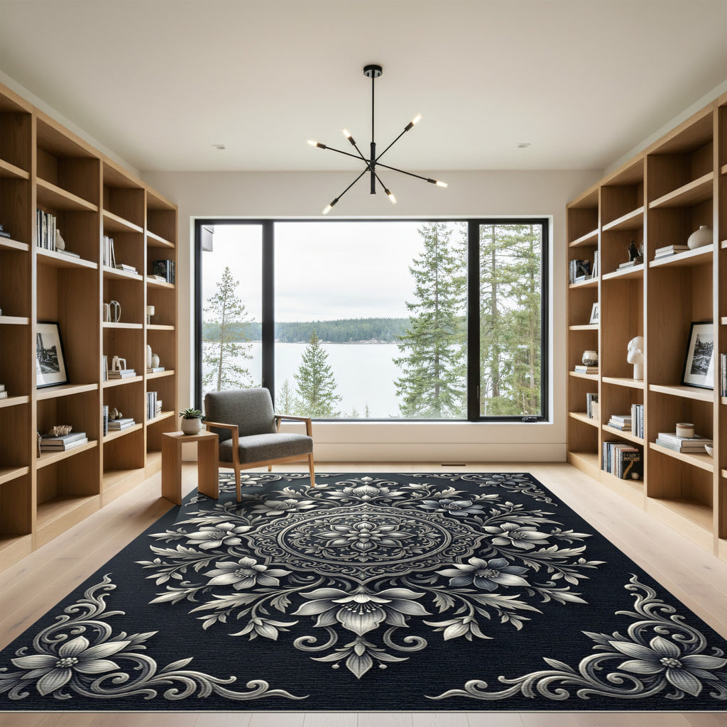 Intricate Floral Medallion Black and White Rug