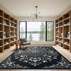Intricate Floral Medallion Black and White Rug